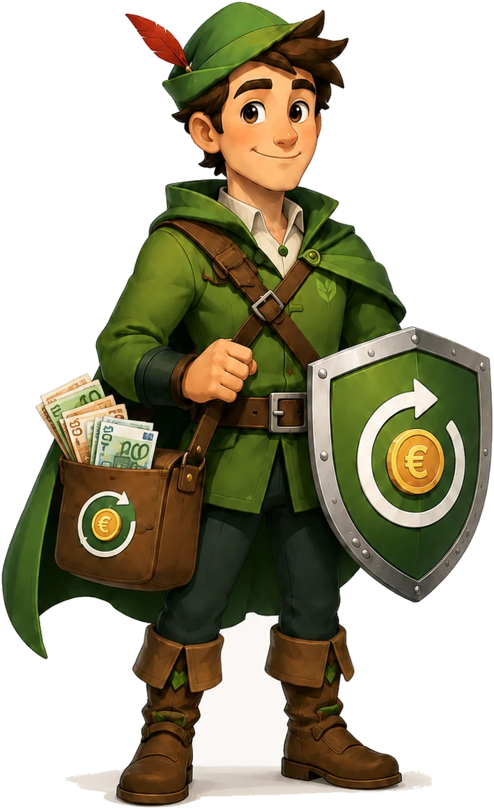 Robin, das Maskottchen der Plattform, mit Geldtasche und Schild
